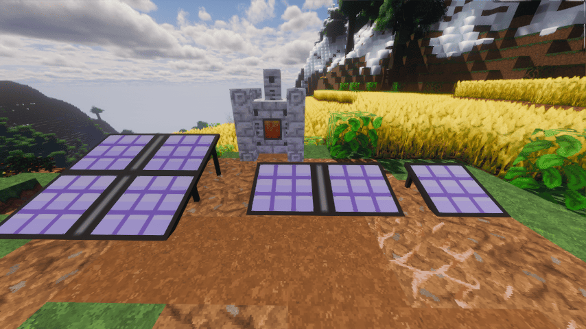 Power grid with solar panels, batteries, sprinklers and minions