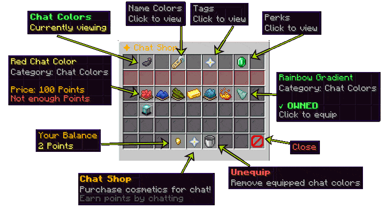 Chat shop GUI with dual-currency purchase flow